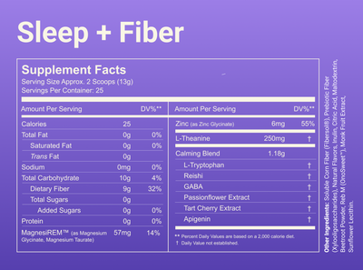 Supplement facts for Sleep + Fiber — 2-scoop (13g): 25 kcal, 9 g fiber, MagnesiREM 57 mg, L-theanine 250 mg