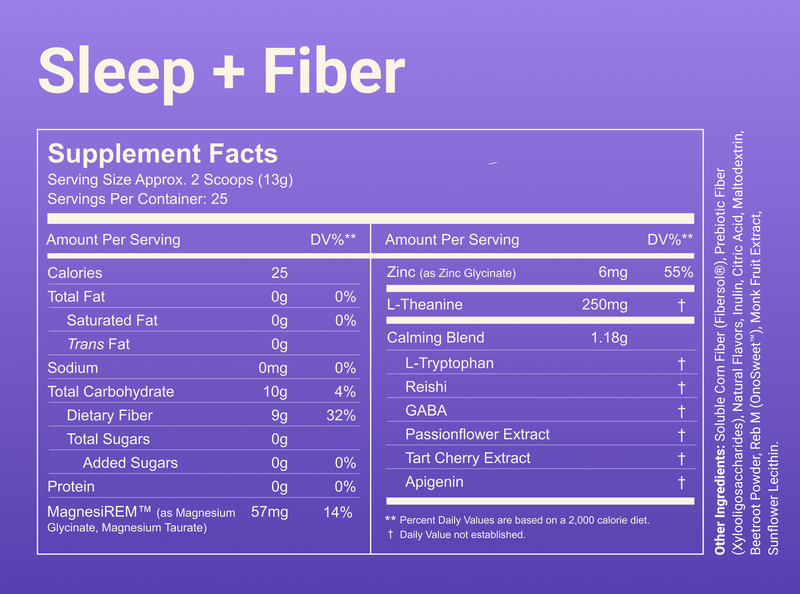 Supplement facts for Sleep + Fiber — 2-scoop (13g): 25 kcal, 9 g fiber, MagnesiREM 57 mg, L-theanine 250 mg