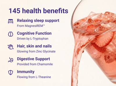 Graphic: ‘165 health benefits’ — sleep, digestive support, hair/skin/nails, cognitive function, immunity; next to a pink drink with strawberries being poured