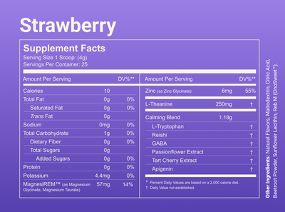 Supplement facts table showing Strawberry flavor serving size 1 scoop (4 g), 10 calories, Magnesium 57 mg, L-theanine 250 mg, calming blend 1.18 g