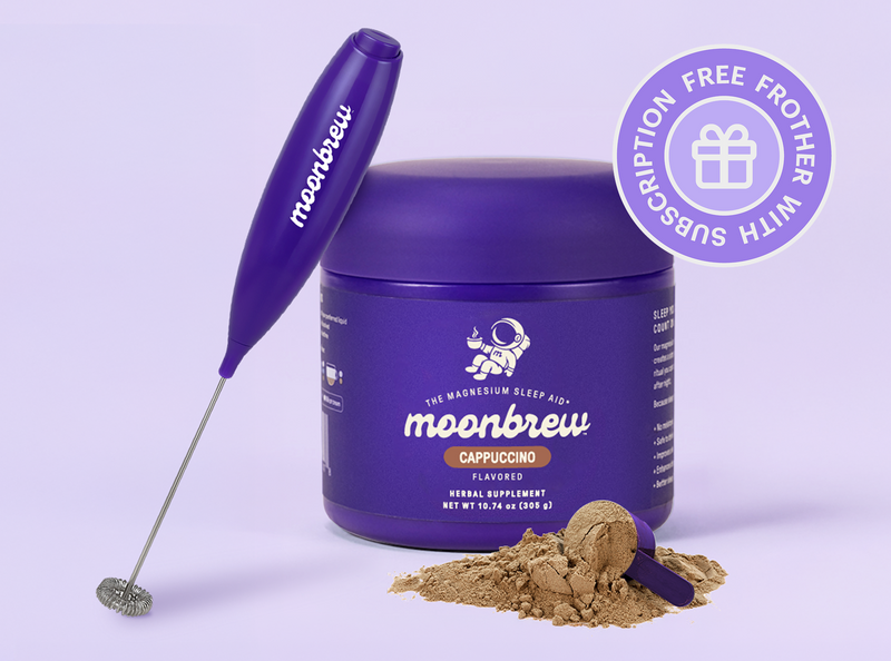 Front of MoonBrew Cappuccino jar with purple handheld frother and a scoop of powder, badge: Free frother with subscription