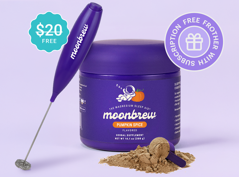 Front view of MoonBrew Pumpkin Spice sleep powder jar with purple frother, scoop of powder, and free frother badge on light purple background