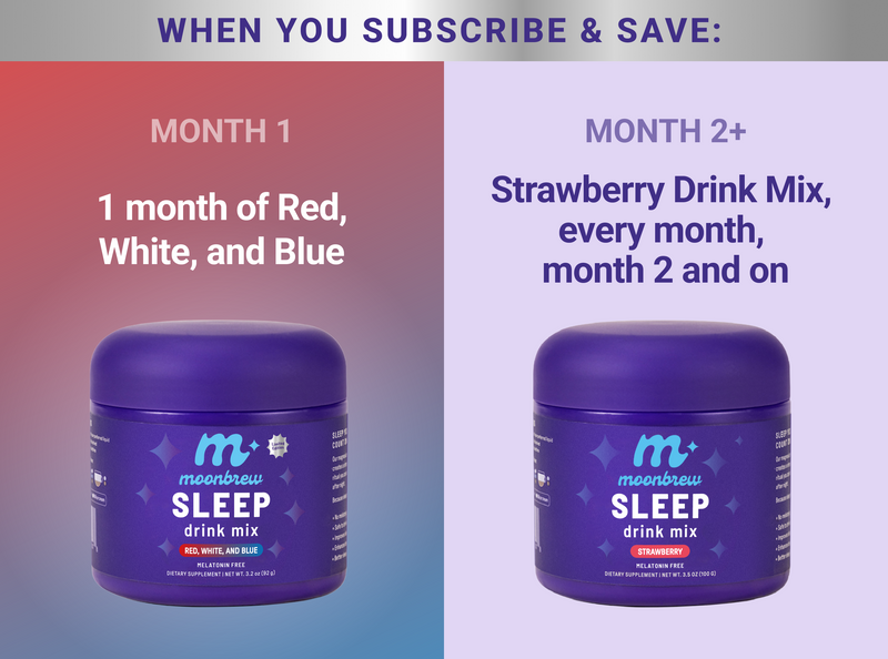 Split promotional graphic showing Subscribe & Save: month 1 gets Red, White, and Blue drink mix; month 2+ receives Strawberry drink mix every month