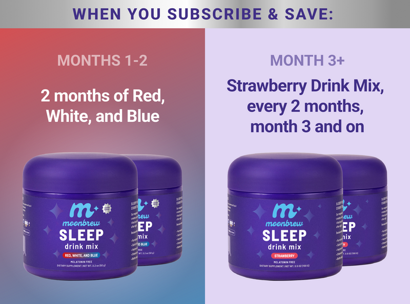 Subscribe-and-save banner: months 1–2 get Red, White & Blue mix; month 3+ get strawberry every 2 months
