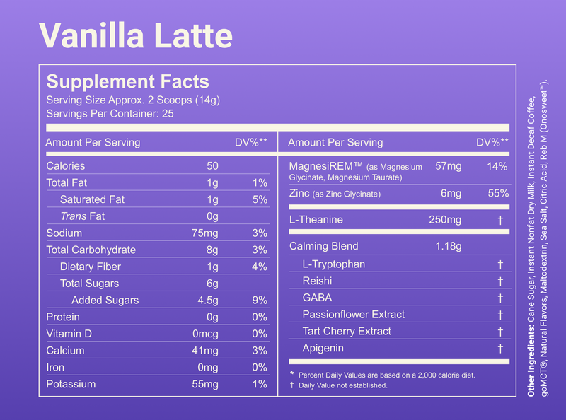Supplement facts label for Vanilla Latte with serving size 2 scoops, 50 calories, MagnesiREM 57 mg and L-Theanine 250 mg