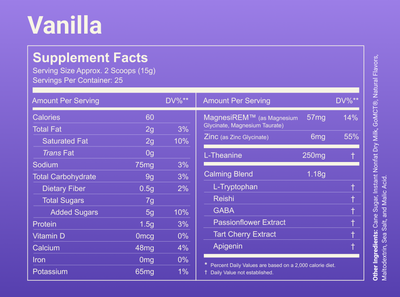 Nutrition label showing Vanilla supplement facts with 60 calories per serving, MagnesiREM 57 mg, L-Theanine 250 mg