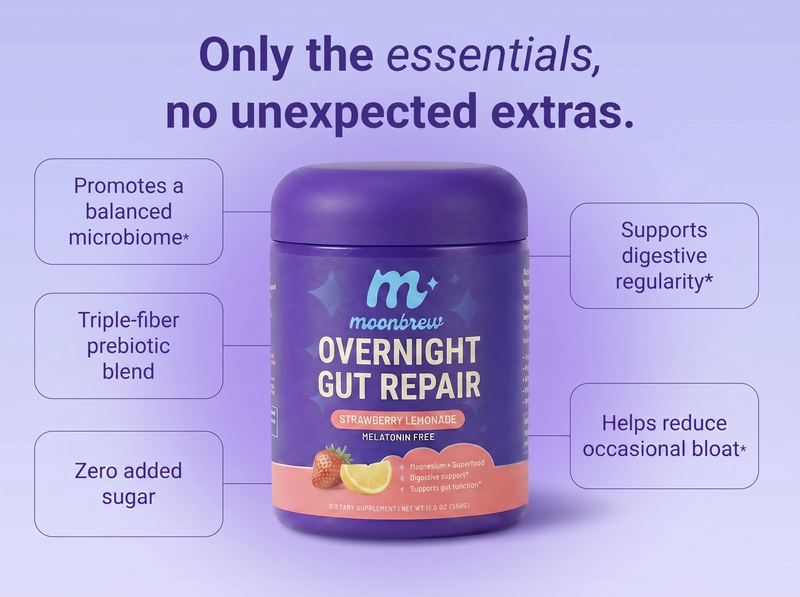 Overnight Gut Repair jar; headline Only the essentials, no unexpected extras; triple-fiber prebiotic, zero sugar