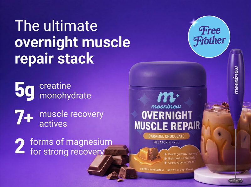 Promotional banner showing Overnight Muscle Repair benefits: 5g creatine, 7+ recovery actives, 2 forms of magnesium