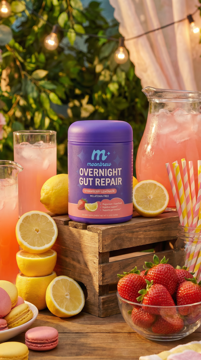 Front view of Overnight Gut Repair tub showcasing its purple label Strawberry Lemonade with lemons and strawberries