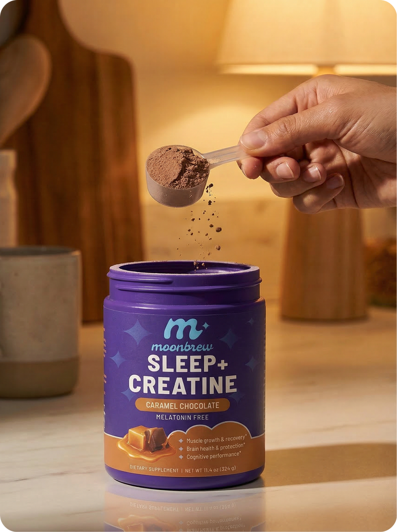 Close-up of Moonbrew Sleep+ Creatine jar with scoop pouring powder into open purple tub on counter