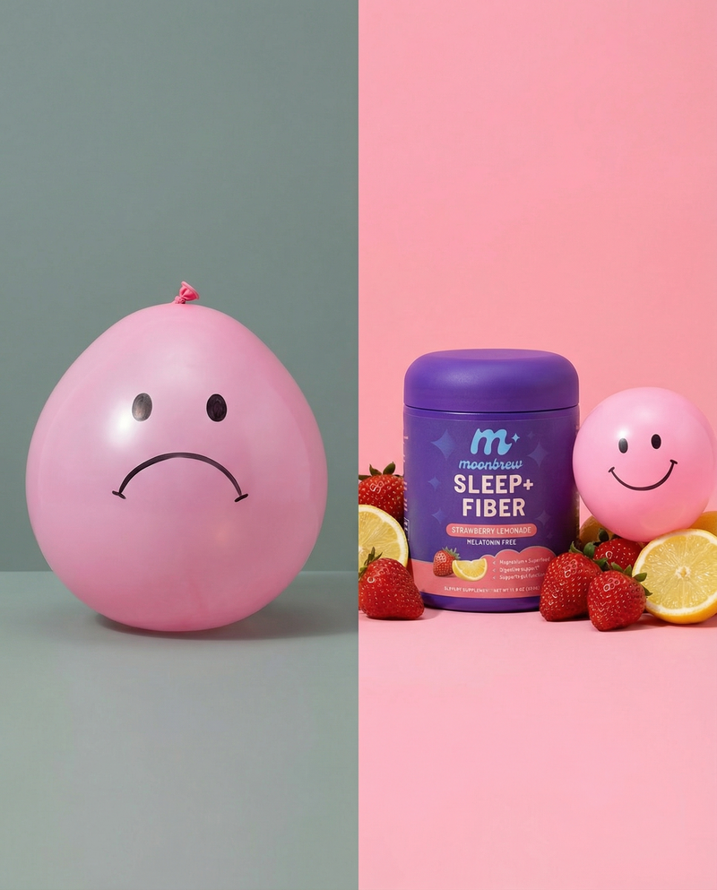 MoonBrew Sleep+Fiber container between a sad pink balloon and a smiling pink balloon on split gray and pink backgrounds