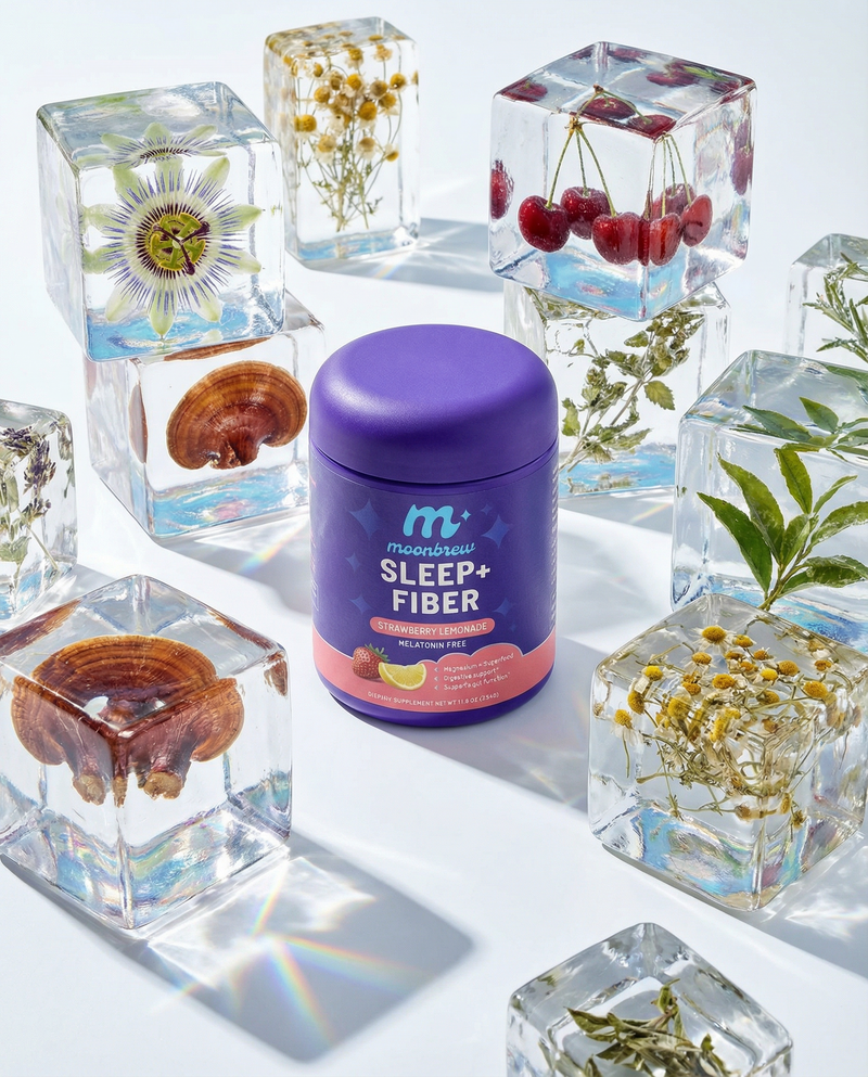 Front view of MoonBrew Sleep+Fiber purple jar with clear decorative cubes containing flowers and cherries