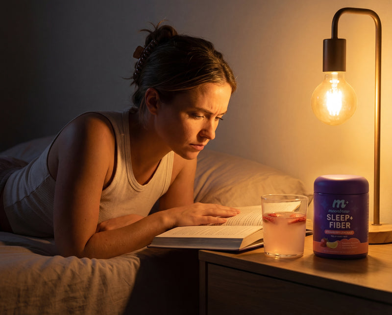 Woman reading in bed by a nightstand lamp with a glass of strawberry water and a MoonBrew Sleep and Fiber tub