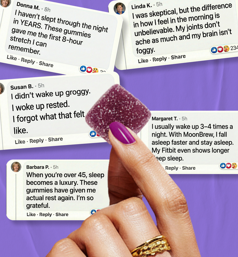 Collage showing customer reviews praising MoonBrew sleep gummies for improved restorative sleep and reduced morning grogginess