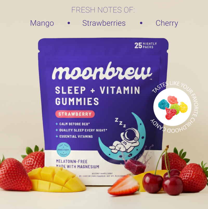 Front view of MoonBrew Sleep and Vitamin Gummies pouch strawberry flavor melatonin free with mango, strawberries and cherries
