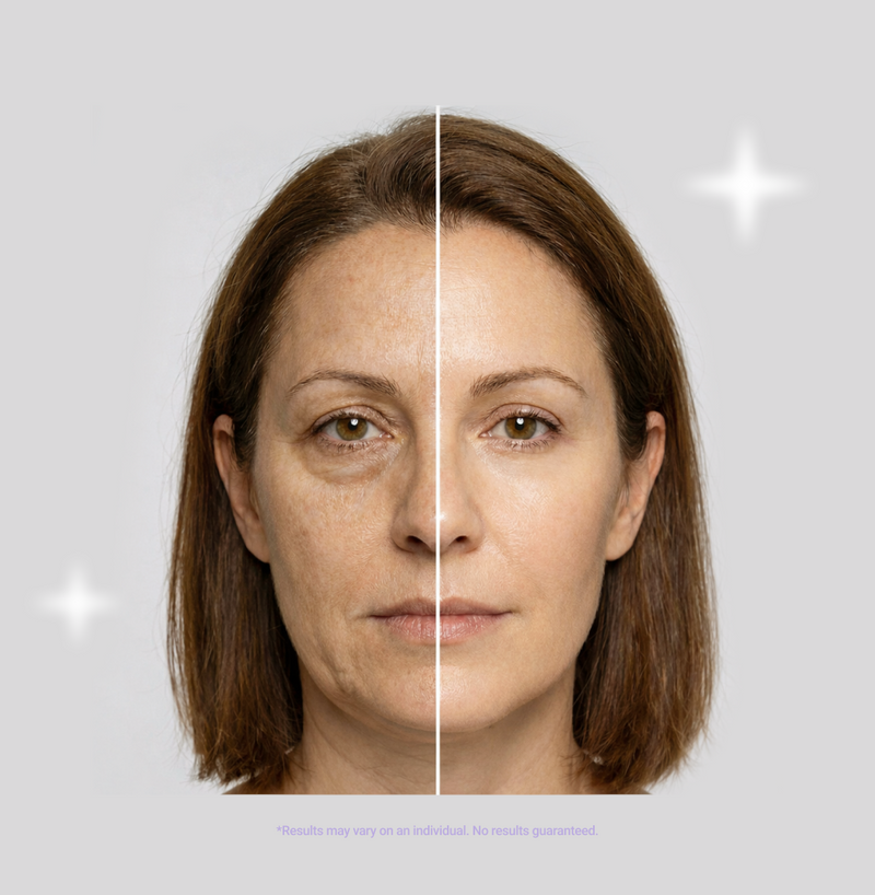 Split portrait of a woman showing before-and-after skin and under-eye improvement with a gray background