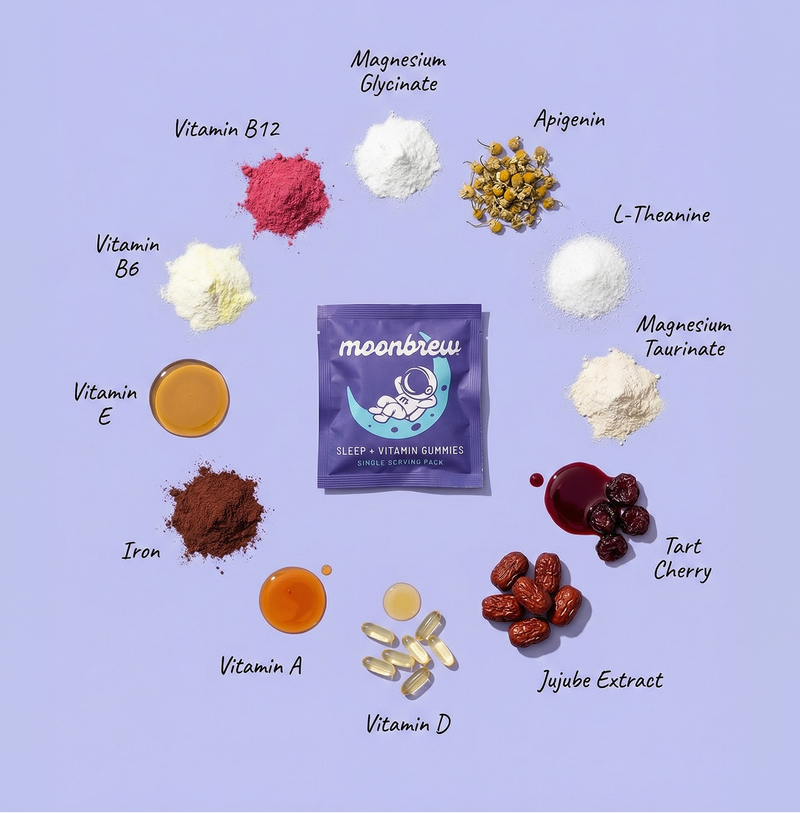 Top-down of MoonBrew Sleep and Vitamin Gummies single-serve packet surrounded by labeled ingredients on lavender background
