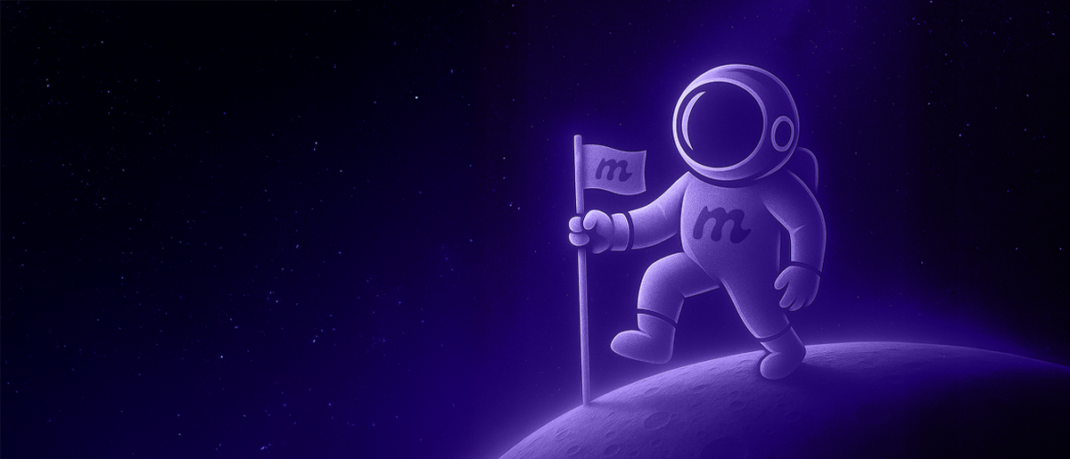 Astronaut planting a flag with an 'm' on a purple-lit moon under a starry sky